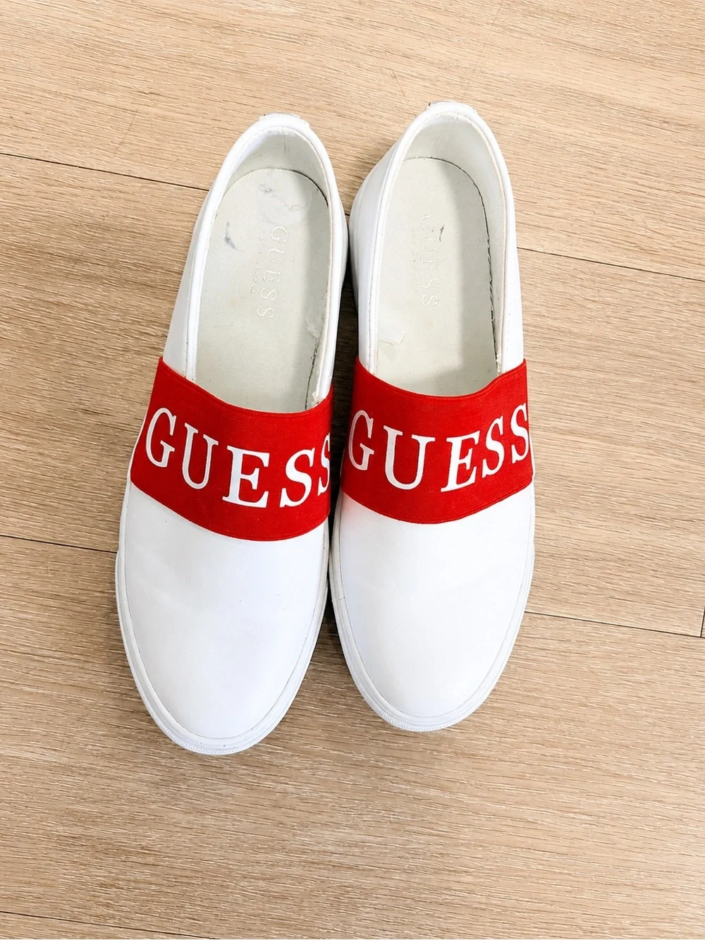 Guess White Slip-On Mules with Red Logo Band